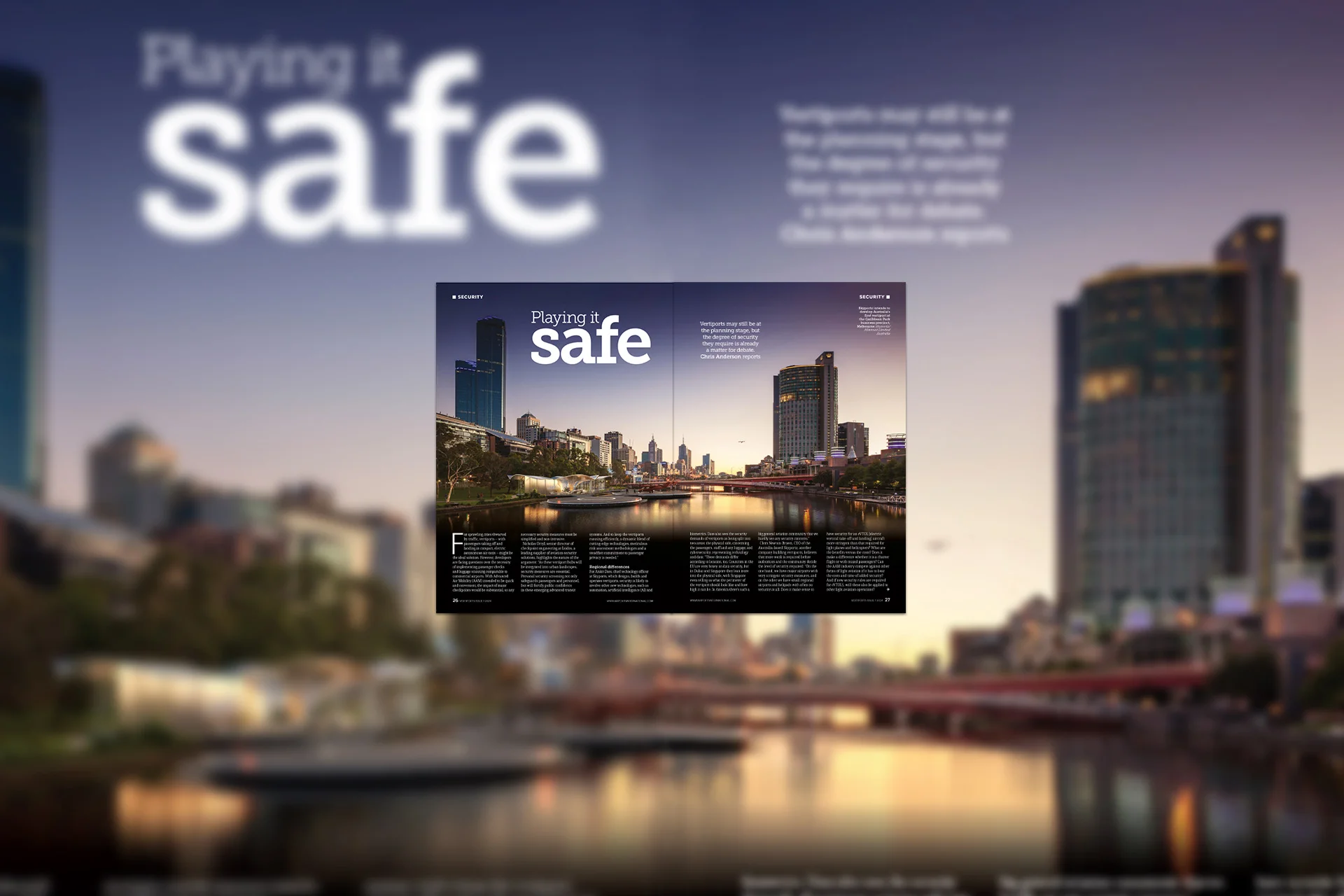 Dise&ntilde;o de revista a doble p&aacute;gina con el horizonte al atardecer, titular "Playing it safe" y r&iacute;o con puente al fondo.