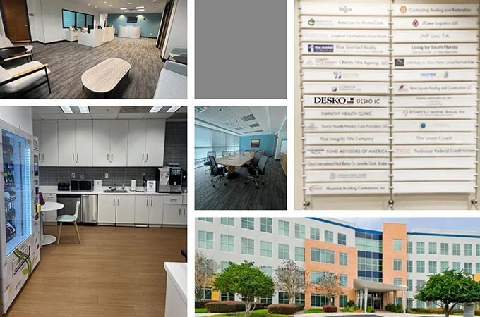 Collage de im&aacute;genes con zona de recepci&oacute;n, oficinas y salas de conferencias, cocina com&uacute;n, tabl&oacute;n de anuncios de la empresa y vista exterior de un edificio de oficinas.