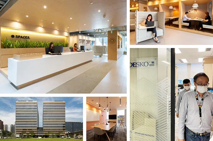 Collage de im&aacute;genes con moderna recepci&oacute;n de coworking, zonas de trabajo y reuni&oacute;n, vista exterior de la torre de oficinas y empleados en pasillos de oficinas.