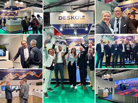 Collage del stand ferial de DESKO con fotos del equipo, reuniones con clientes y la marca 