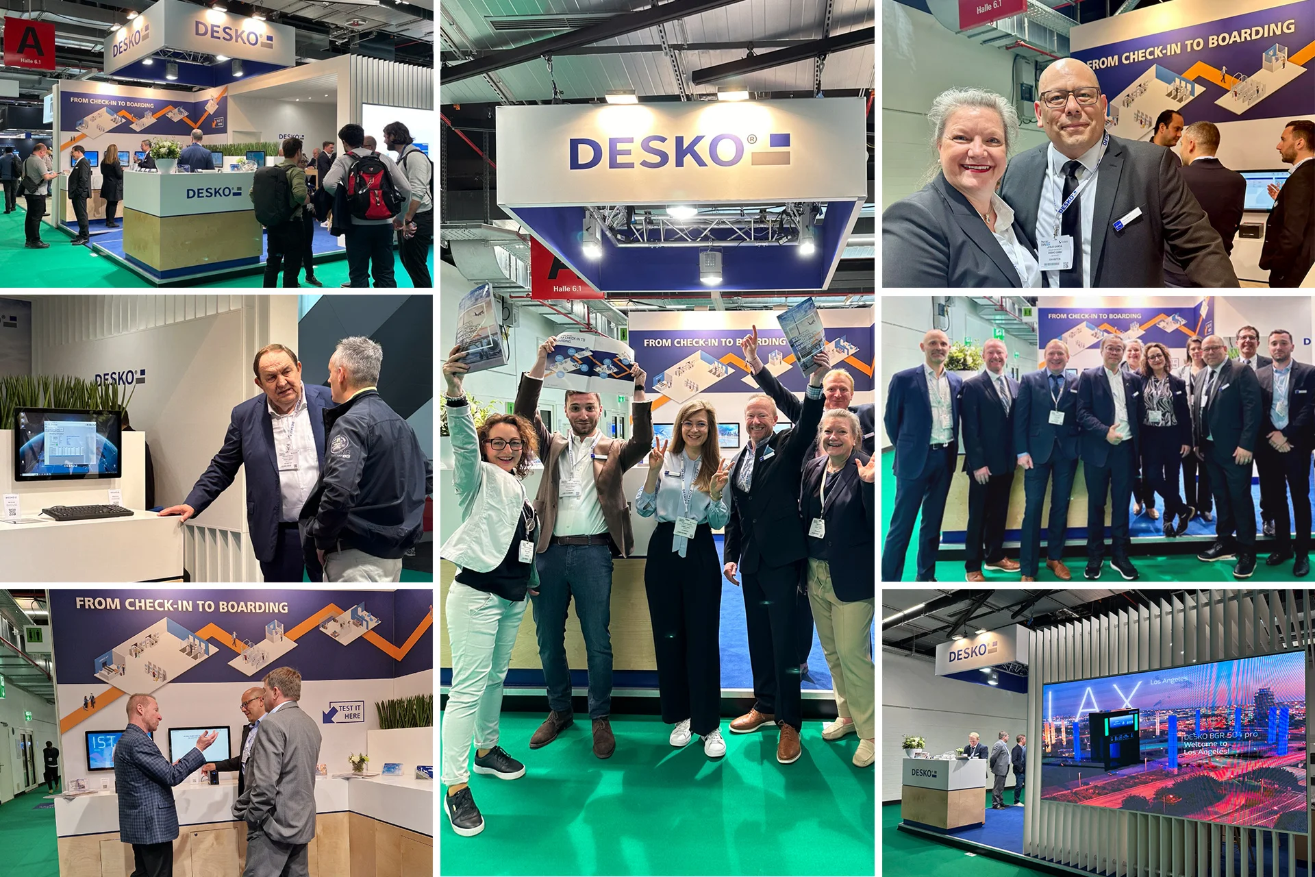 Collage del stand ferial de DESKO con fotos del equipo, reuniones con clientes y la marca "From Check-in to Boarding" en una feria.