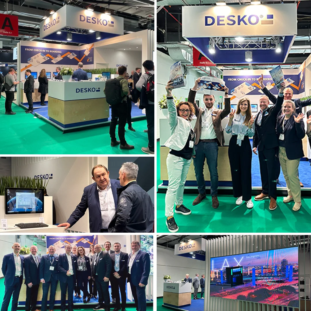 Collage del stand de DESKO en la feria con el equipo, charlas con clientes, demostraciones de productos y una gran pantalla LED bajo el lema "De la facturaci&oacute;n al embarque".