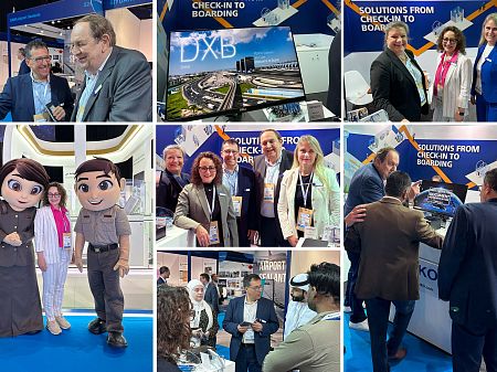 Collage fotográfico del stand de DESKO en la feria con debates, demostraciones de productos, fotos de grupo y visitantes internacionales del sector aeronáutico.