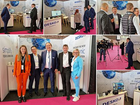 Collage del stand de DESKO en la feria: conversaciones técnicas con los visitantes, foto de grupo del equipo y presentación de las soluciones de verificación de identidad.
