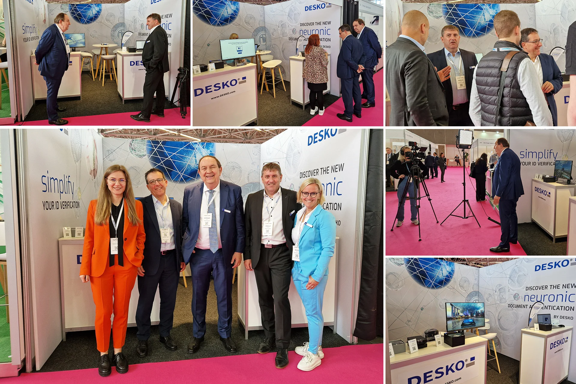 Collage del stand de DESKO en la feria: conversaciones t&eacute;cnicas con los visitantes, foto de grupo del equipo y presentaci&oacute;n de las soluciones de verificaci&oacute;n de identidad.