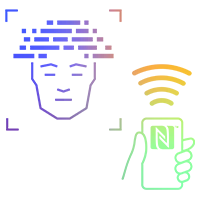 Icono estilizado de una cara con smartphone y s&iacute;mbolo NFC, que representa la identificaci&oacute;n sin contacto.