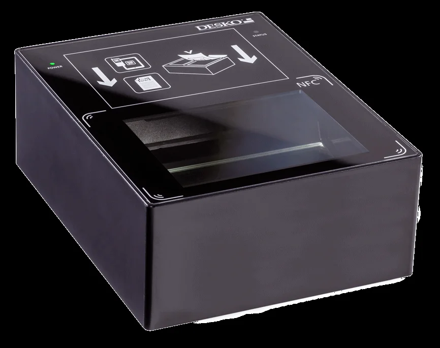 Esc&aacute;ner de documentos compacto con superficie de cristal, s&iacute;mbolos impresos y etiquetado NFC.