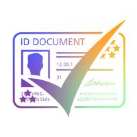 Representaci&oacute;n gr&aacute;fica de un documento de identidad con el s&iacute;mbolo de la persona, elementos de seguridad y una gran marca de verificaci&oacute;n.