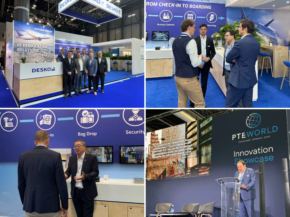Collage del stand de DESKO en la feria: foto de equipo, conversaciones t&eacute;cnicas con los visitantes, asesoramiento sobre productos y presentaci&oacute;n en el escenario.