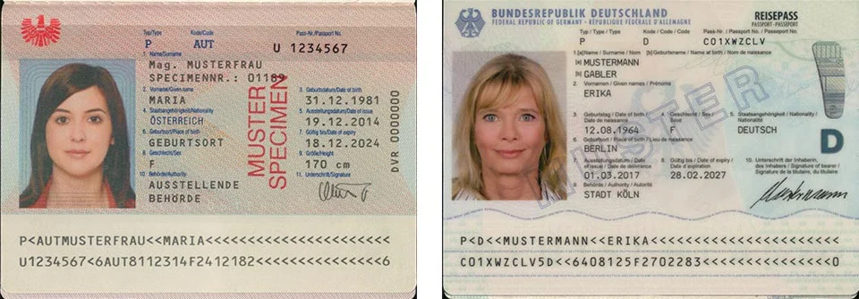 Muestras de pasaportes Austria y Alemania