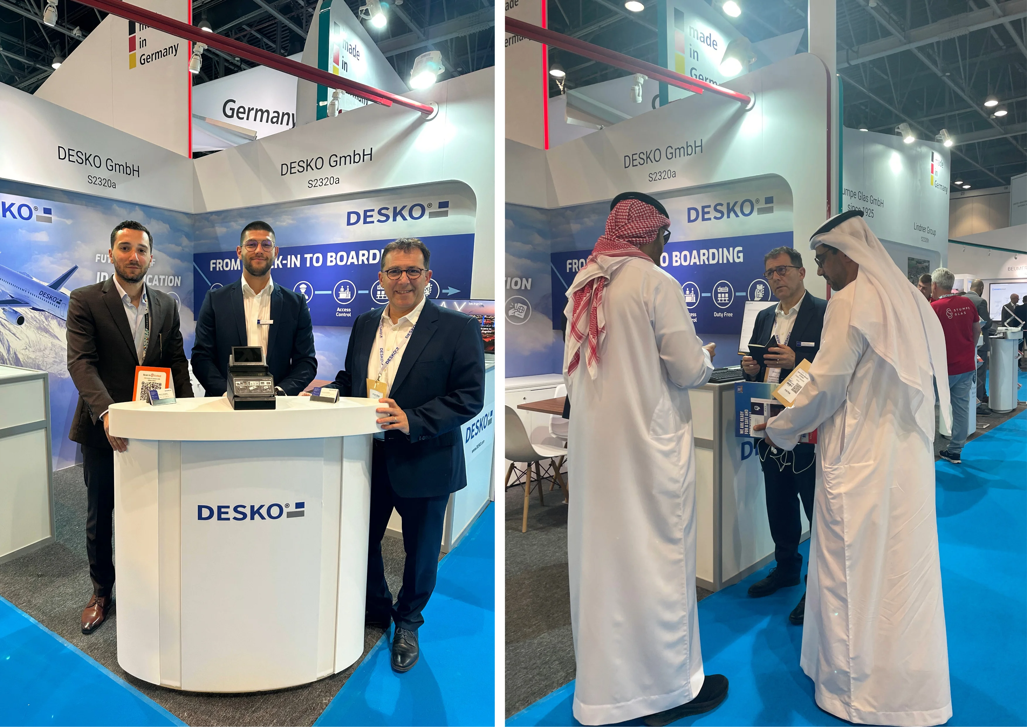 Dos escenas de feria en el stand de DESKO: a la izquierda, empleados con esc&aacute;neres; a la derecha, una consulta con visitantes internacionales.