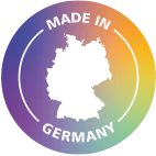 圆形彩虹渐变色，镂空的德国轮廓和 "MADE IN GERMANY"（德国制造）字样。