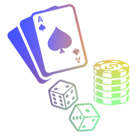 Cartas de juego estilizadas, dados y fichas de casino apiladas como gr&aacute;ficos de l&iacute;neas de color.