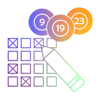 S&iacute;mbolo de loter&iacute;a estilizado con bolas numeradas, campo num&eacute;rico marcado y un bol&iacute;grafo, mostrado como un gr&aacute;fico lineal con degradado de color.