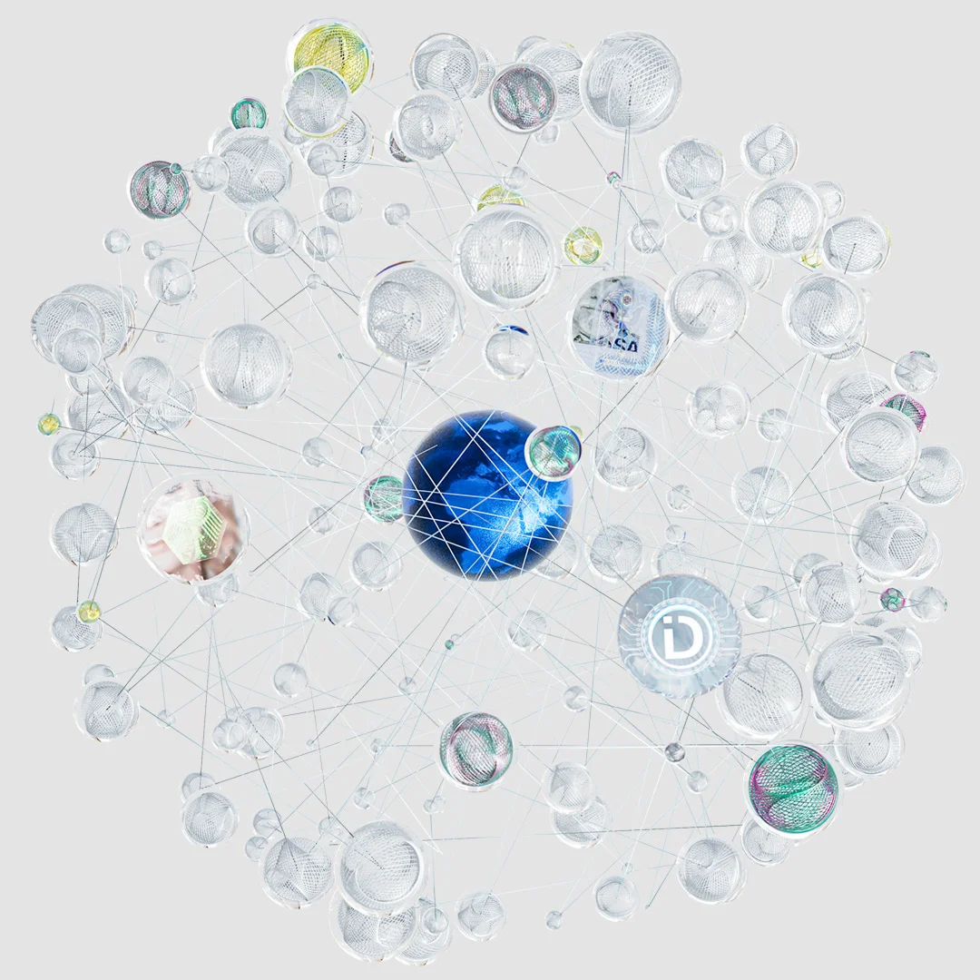Visualizaci&oacute;n abstracta de una red digital de muchas esferas conectadas, con un globo azul en el centro y conexiones de l&iacute;neas finas.