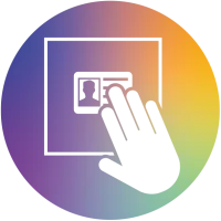 Mano estilizada tocando una tarjeta o un s&iacute;mbolo de identificaci&oacute;n en una pantalla, sobre un fondo de degradado circular.
