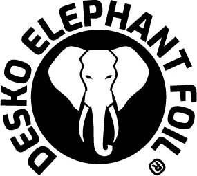 DESKO 大象箔片 "的名称以黑色粗体字母围成一个圆圈。中间是一个大象的头像。