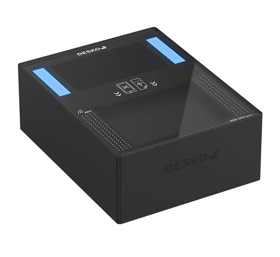 黑色条形码扫描器，灰底带显示屏和大 LED - DESKO BGR 504 pro