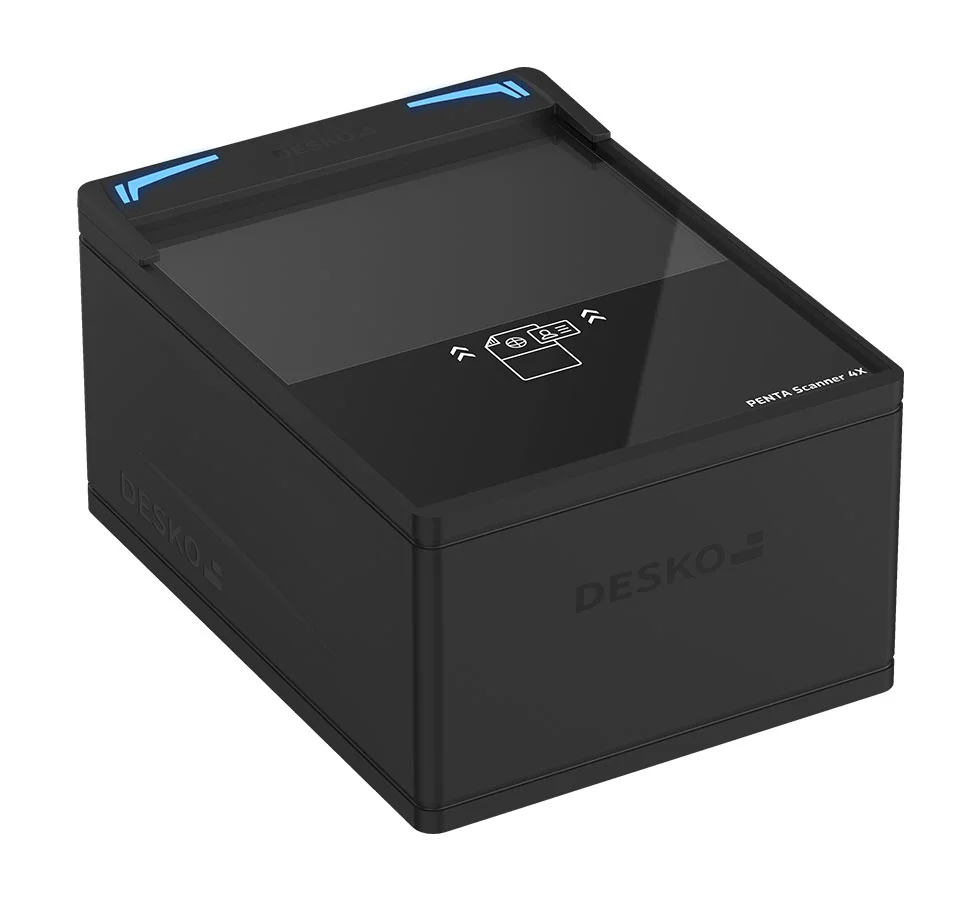 中性背景上带有蓝色 LED 的黑色护照扫描仪 - DESKO PENTA 扫描仪 4X