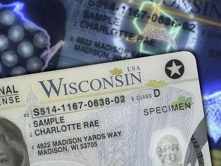 Representación detallada de un permiso de conducir estadounidense del estado de Wisconsin