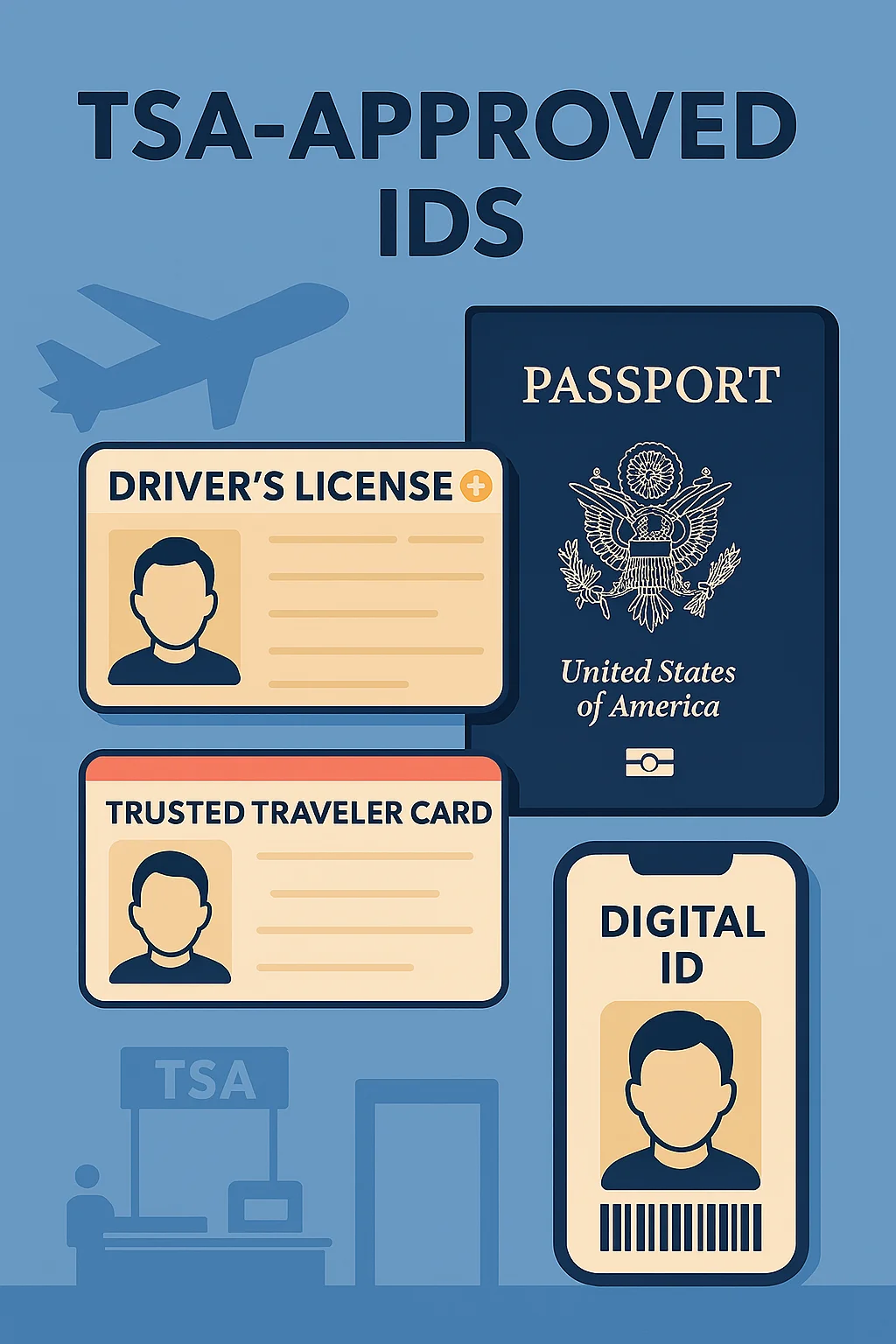 Ilustraci&oacute;n de varios documentos de identidad f&iacute;sicos y digitales con un avi&oacute;n y un puesto de control de la TSA y un avi&oacute;n de fondo.