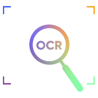 放大镜，中间是彩色渐变和 "OCR "字样，周围是深色背景上的四个彩色焦角。