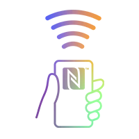 手持智能手机的造型，带有 NFC 符号，上方的彩色无线电波表示非接触式传输。