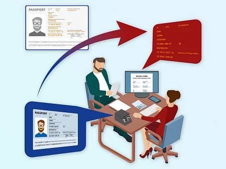 La ilustración muestra el proceso digital de verificación de identidad con datos de pasaporte, tarjetas y software en el lugar de trabajo.