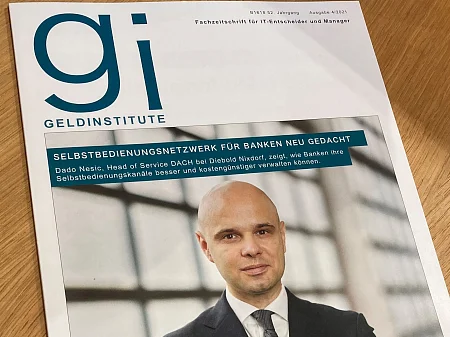 Portada de la revista especializada gi Geldinstitute con el retrato de un hombre y un artículo sobre las redes de autoservicio.