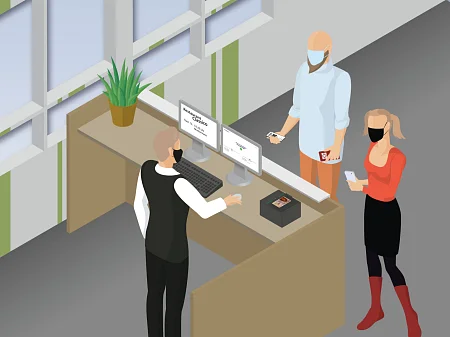 Ilustración de un control en un restaurante: el personal de servicio comprueba las identificaciones con un escáner, los clientes esperan con smartphones.
