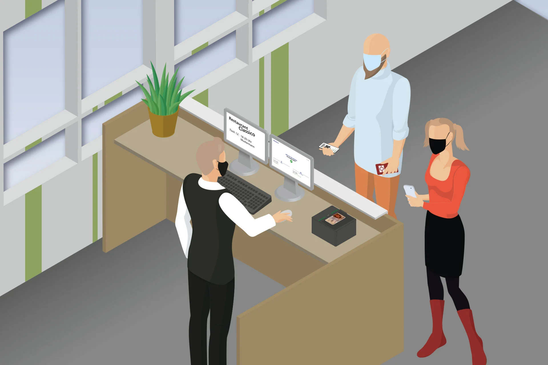 Ilustraci&oacute;n de un control en un restaurante: el personal de servicio comprueba las identificaciones con un esc&aacute;ner, los clientes esperan con smartphones.