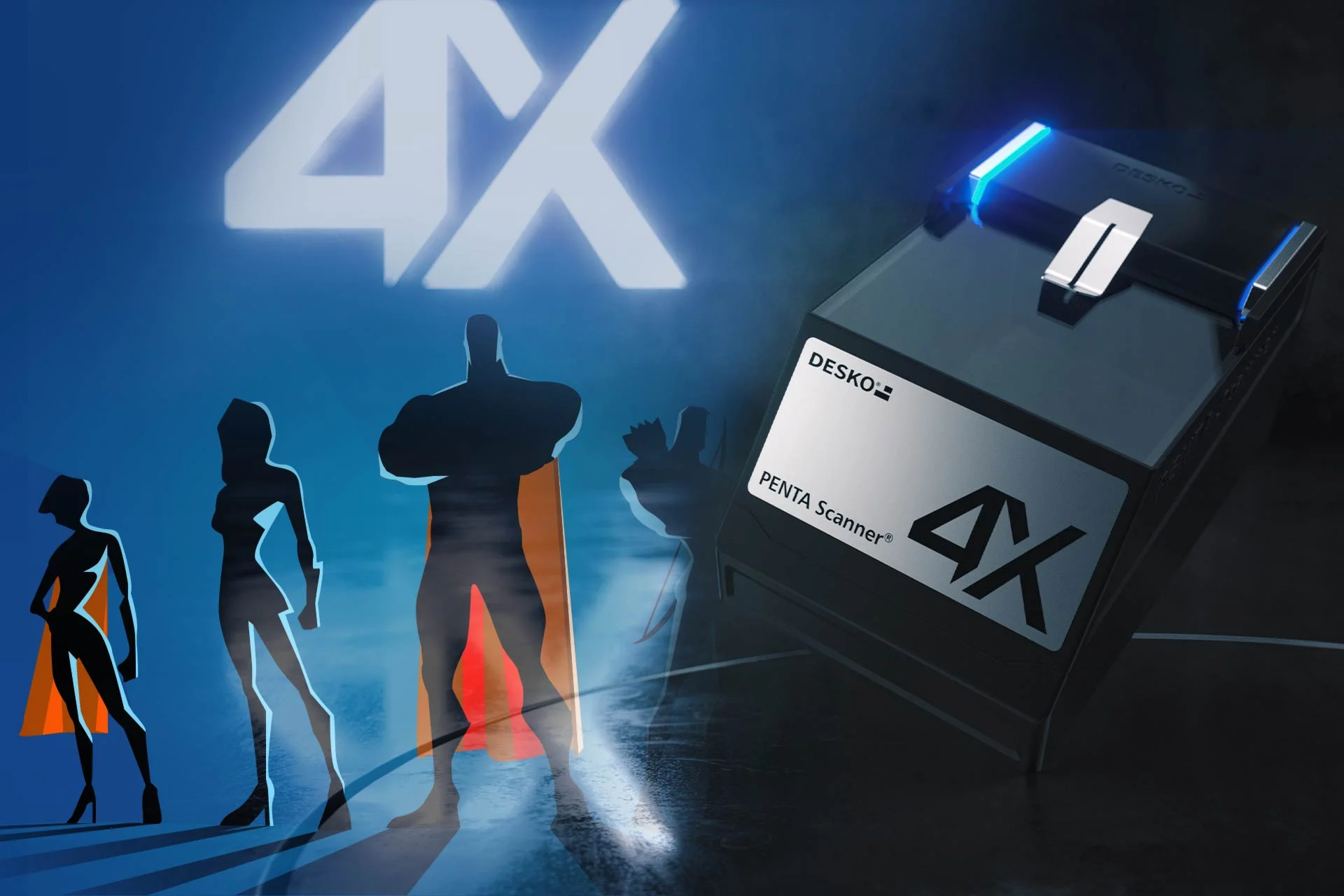 Siluetas estilizadas de superh&eacute;roes delante de letras 4K iluminadas junto al esc&aacute;ner DESKO PENTA 4X.