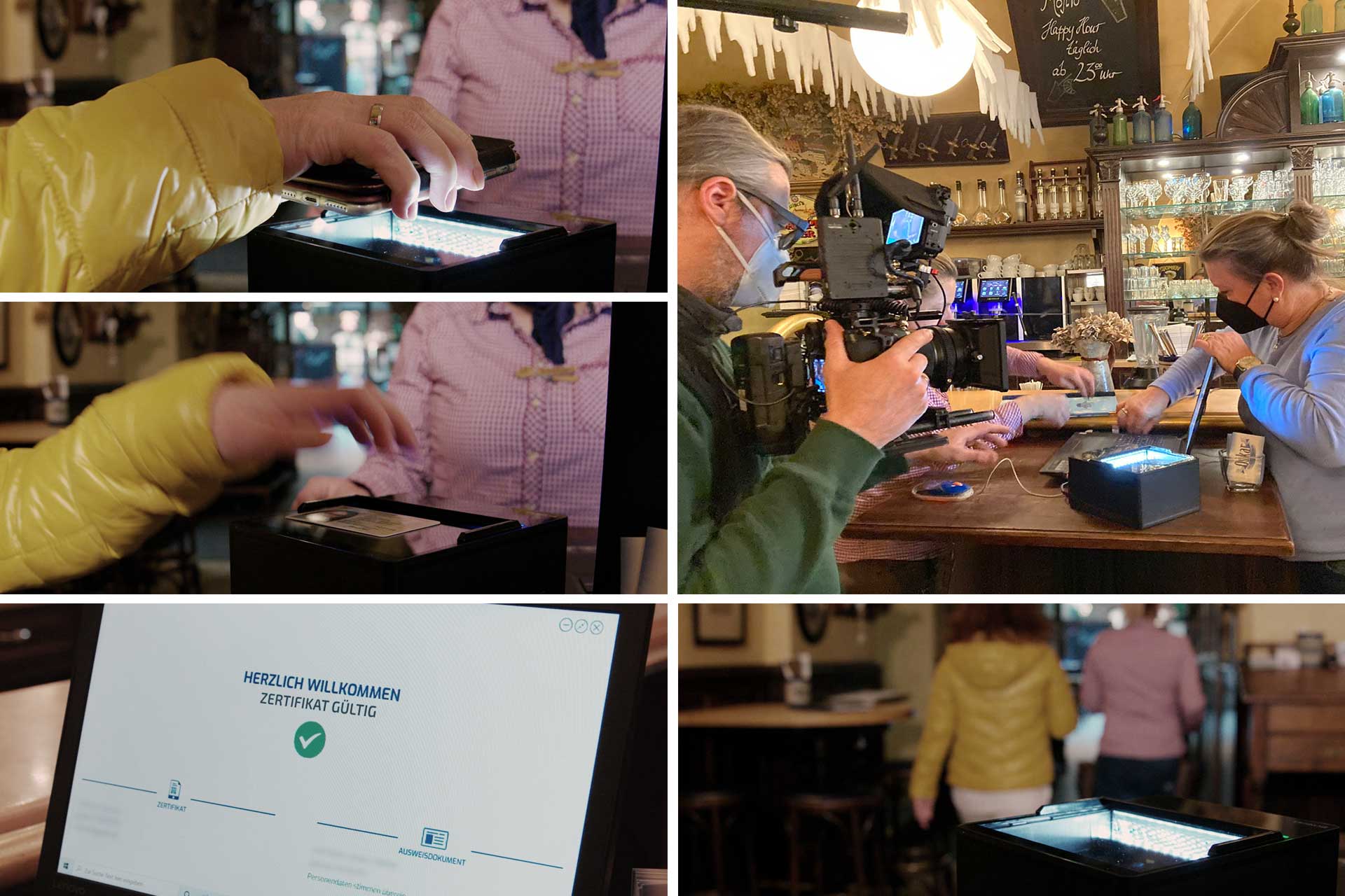 Equipo de cine documentos de identidad control en un bar: la persona escanea el documento, la pantalla muestra el certificado v&aacute;lido, los clientes atienden en el mostrador.
