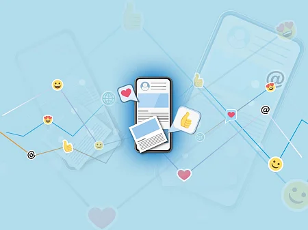 Ilustración de un smartphone con tarjeta de perfil, rodeado de likes, corazones y símbolos de comunicación en red.