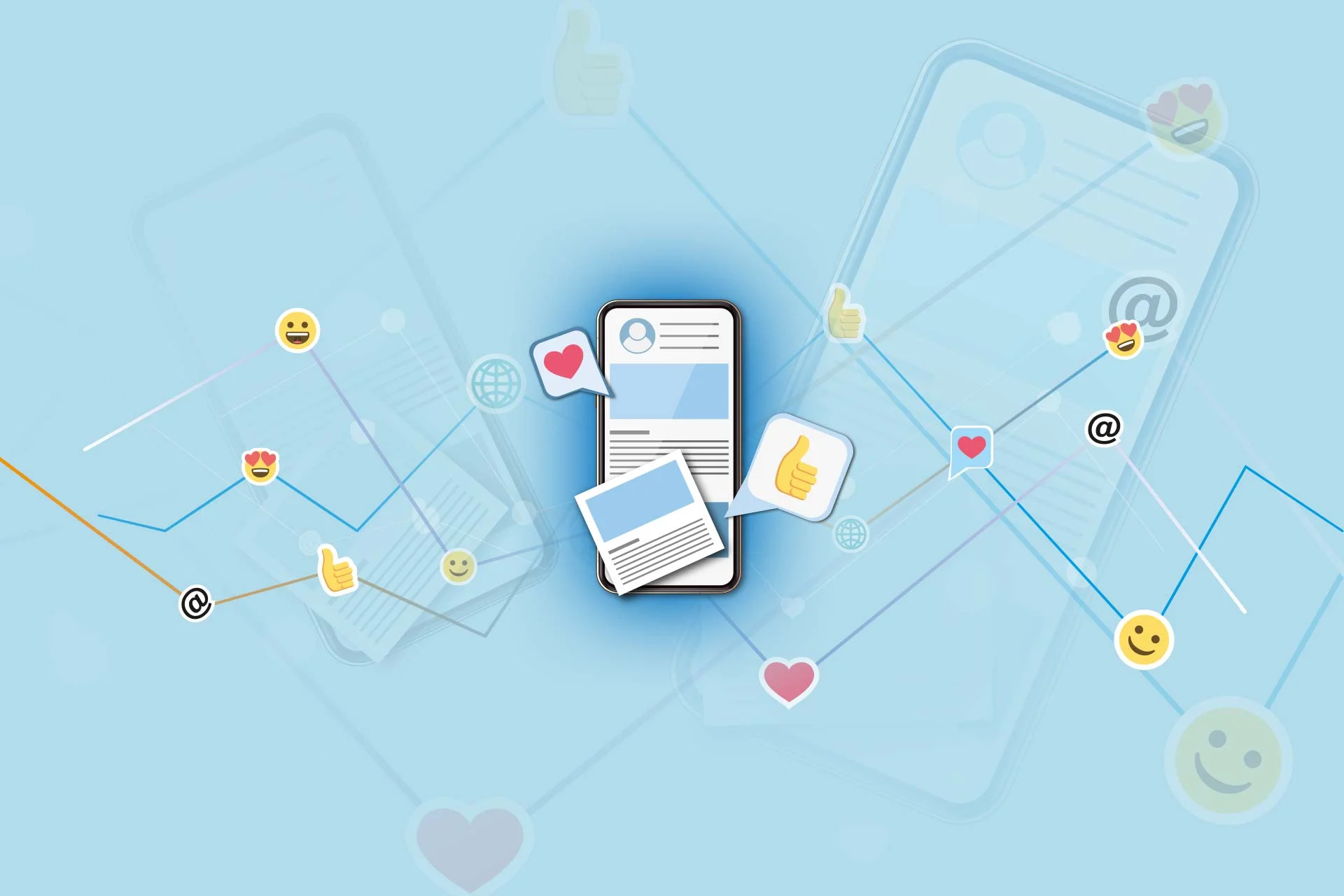 Ilustraci&oacute;n de un smartphone con tarjeta de perfil, rodeado de likes, corazones y s&iacute;mbolos de comunicaci&oacute;n en red.