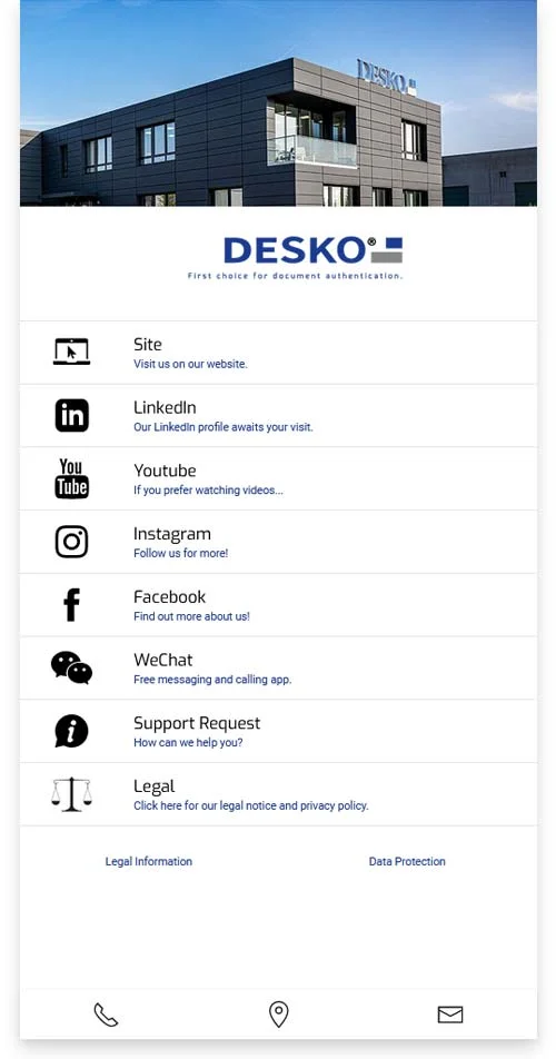P&aacute;gina general con el logotipo de DESKO, el edificio de la empresa y una lista de enlaces al sitio web, redes sociales, asistencia e informaci&oacute;n jur&iacute;dica.