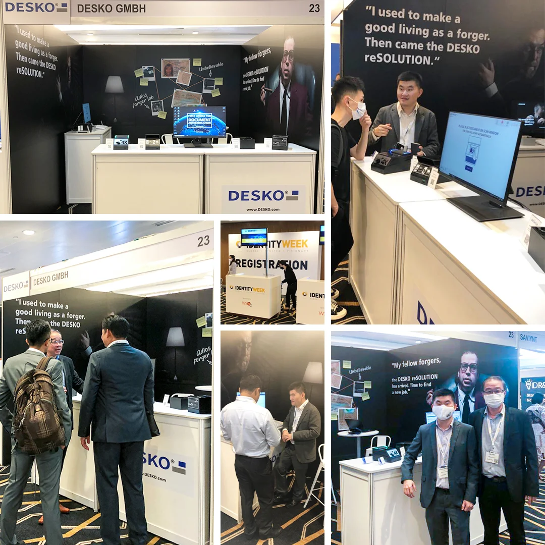 Stand de DESKO en la Identity Week Asia 2022 de Singapur con visitantes que presentan soluciones de verificaci&oacute;n de documentos e identidad.