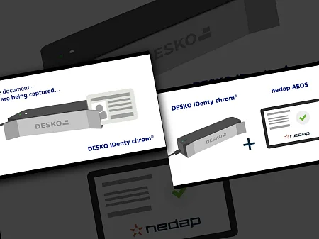 Ilustración de un escáner de documentos DESKO Identy chrome con integración de software que captura digitalmente los datos de los documentos de identidad mediante barrido.