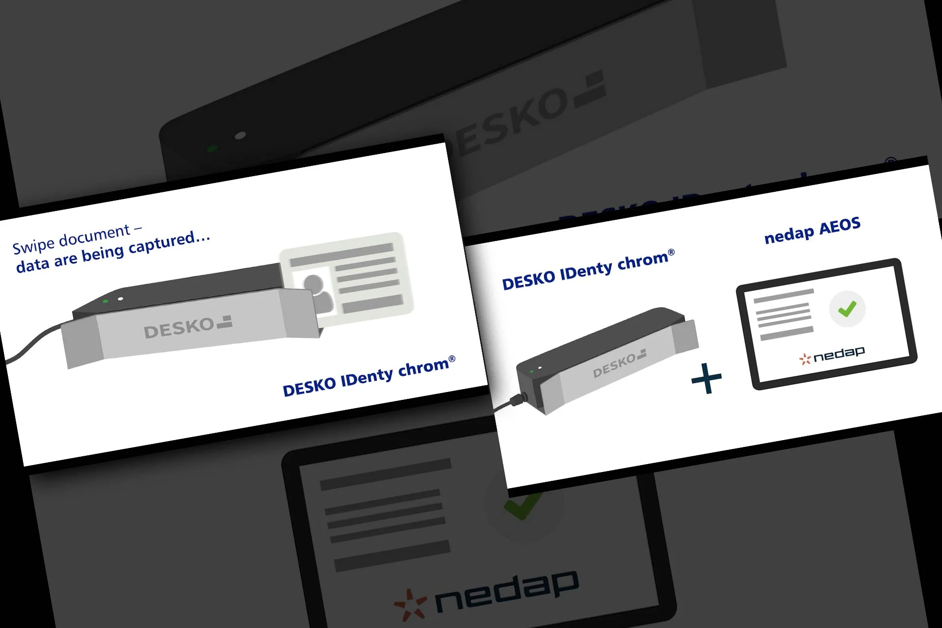 Ilustraci&oacute;n de un esc&aacute;ner de documentos DESKO Identy chrome con integraci&oacute;n de software que captura digitalmente los datos de los documentos de identidad mediante barrido.