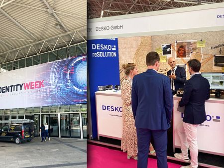 Entrada a la feria Identity Week y stand de DESKO con demostración de productos y consulta sobre verificación de identidad.