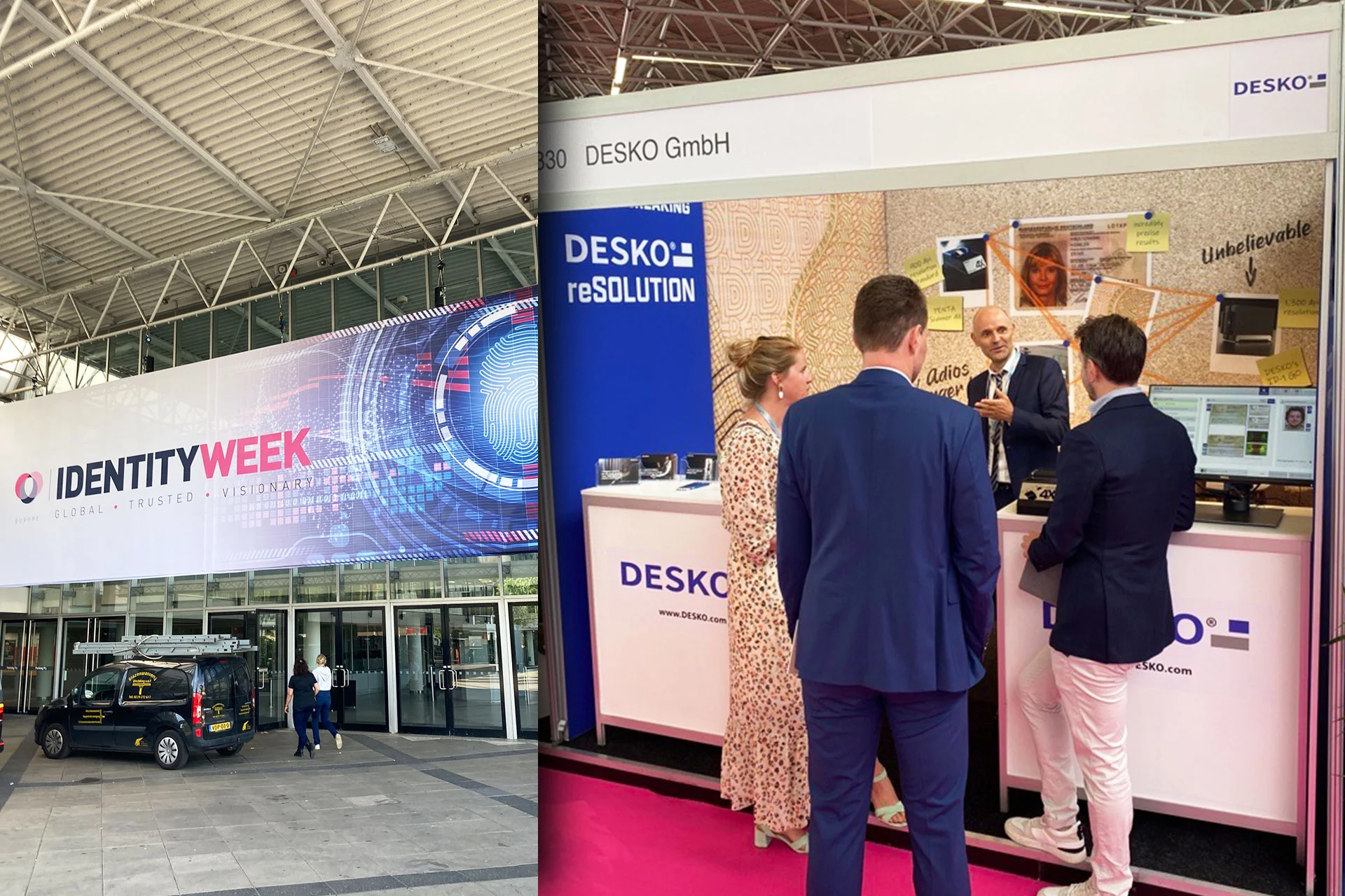 Entrada a la feria Identity Week y stand de DESKO con demostraci&oacute;n de productos y consulta sobre verificaci&oacute;n de identidad.