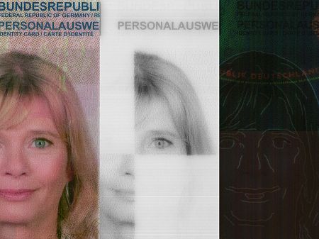 Ilustración de un documento de identidad alemán con elementos de seguridad visibles en color, escala de grises y vista ultravioleta.